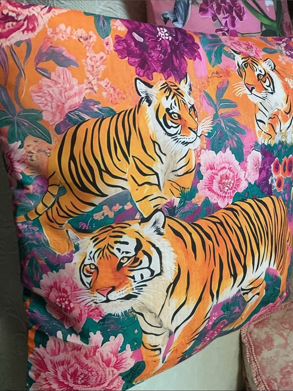 Vibrant Orange Tiger Floral Accent Pillow - Brand: